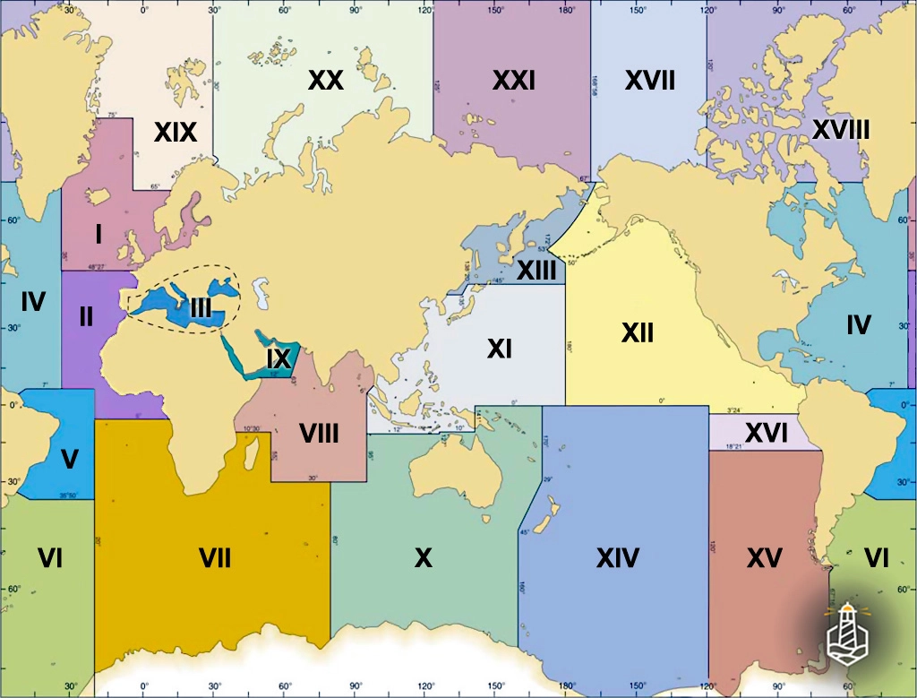 NAVAREA haritası: Okyanusların NAVAREA/METAREA sorumluluk bölgeleri (kavramsal)