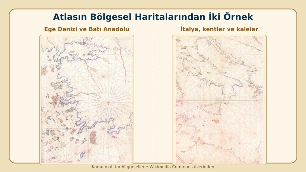 Ege ve Batı Anadolu haritası ile İtalya haritası, kıyı çizgileri yanında kent ve kalelerin küçük tasvirlerini de içerir. Tarihî haritalar kamu malıdır.
