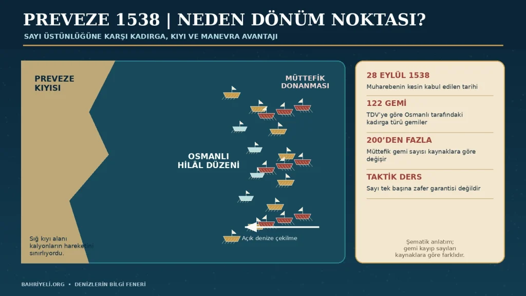 Temsili taktik şeması: Gemi ve kayıp sayıları kaynaklara göre değişir; görsel, kıyı–kadırga–manevra ilişkisinin anlaşılması için hazırlanmıştır.