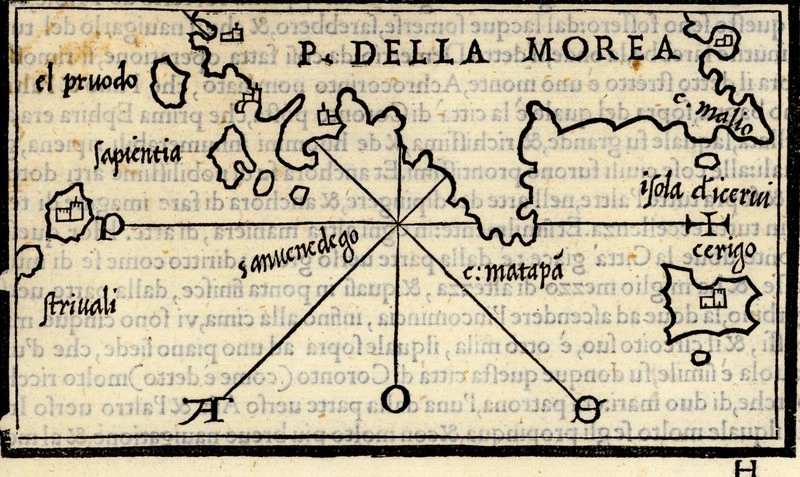 1547 tarihli Benedetto Bordone haritası, Mora’nın güney kıyılarıyla Sapienza ve çevresindeki adaları göstermektedir. Görsel: Wikimedia Commons, kamu malı.
