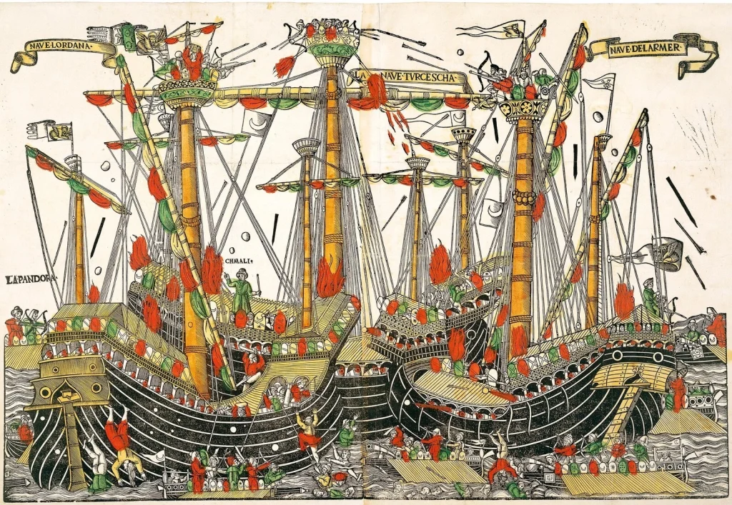 Bilinmeyen bir Venedikli sanatçının yaklaşık 1499-1500 tarihli Zonchio Deniz Savaşı tasviri.