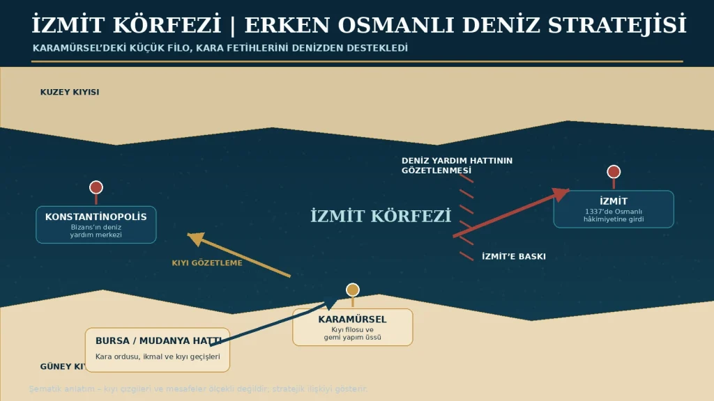 Şematik strateji haritası ölçekli değildir. Karamürsel’in Bursa ile İzmit Körfezi arasındaki konumunu ve deniz ulaşımına sağladığı baskıyı anlatır.