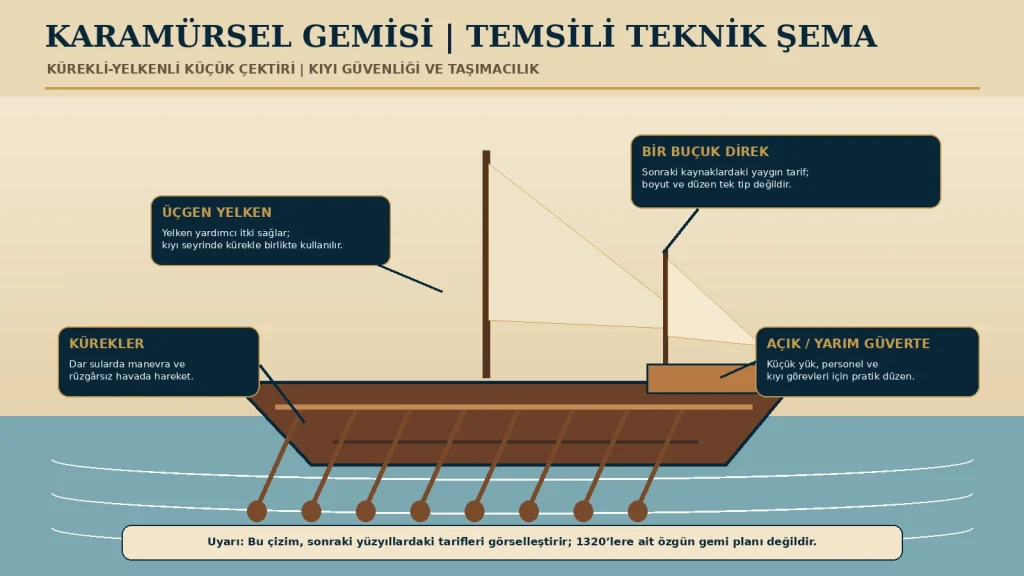 Teknik şema temsildir. Özellikler, sonraki yüzyıllara ait Osmanlı kayıt ve çalışmalarındaki karamürsel tariflerinden derlenmiştir; 1320’lerde yapılan ilk teknenin birebir planı değildir.