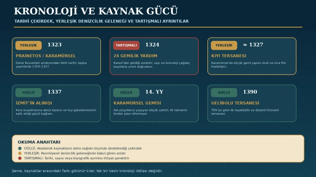 Kronoloji ve kaynak gücü: Aynı döneme ilişkin tarihler farklı yayınlarda değişebilir. Şema, kesinlik düzeyini görünür kılmak için hazırlanmıştır.