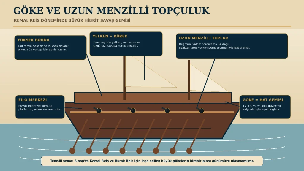 Teknik şema temsildir; belirli bir geminin günümüze ulaşmış özgün inşa planı değildir. Gökeyi sonraki yüzyılların hat gemileriyle eşitlemez.