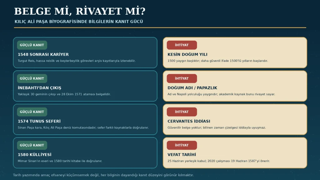 Belge ve rivayet karşılaştırması: Popüler biyografinin tamamı yanlış değildir; fakat her ayrıntının aynı kanıt gücüne sahip olmadığı unutulmamalıdır.
