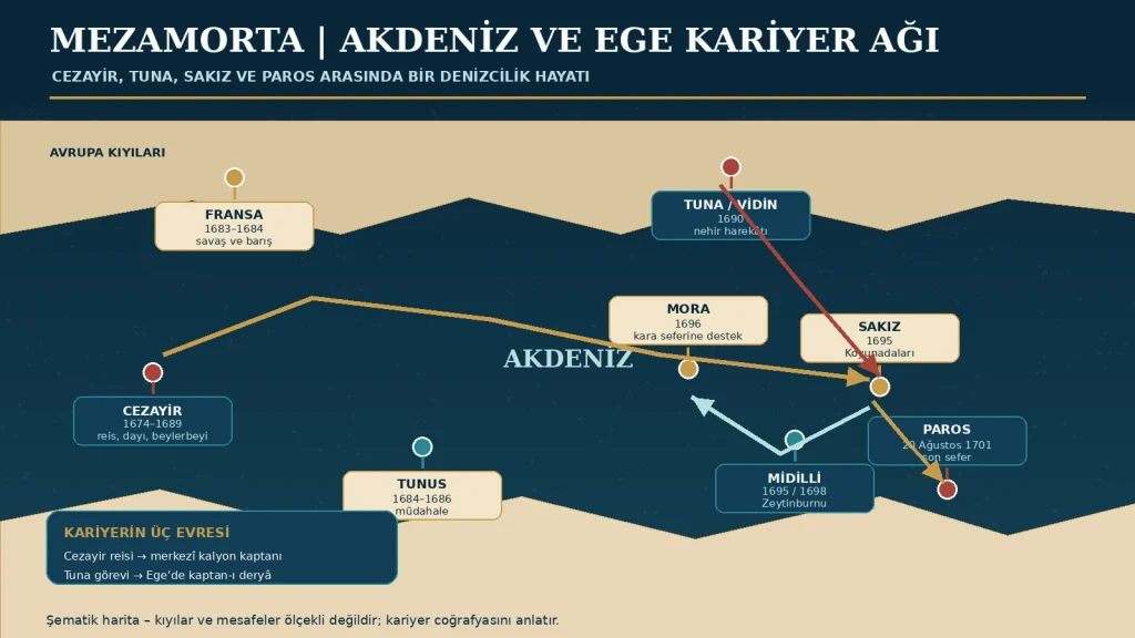 Şematik rota ölçekli değildir. Kariyerin Cezayir, merkezî Osmanlı donanması ve Ege seferleri arasındaki üç aşamasını gösterir.