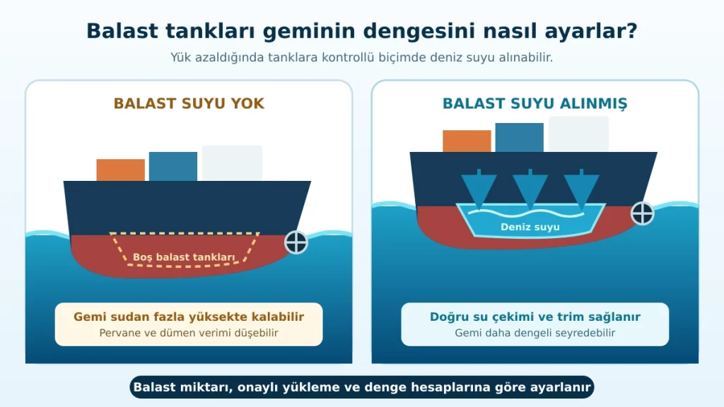Balast tanklarına alınan deniz suyu, az yüklü geminin doğru su çekimi ve trimle seyretmesine yardımcı olur.