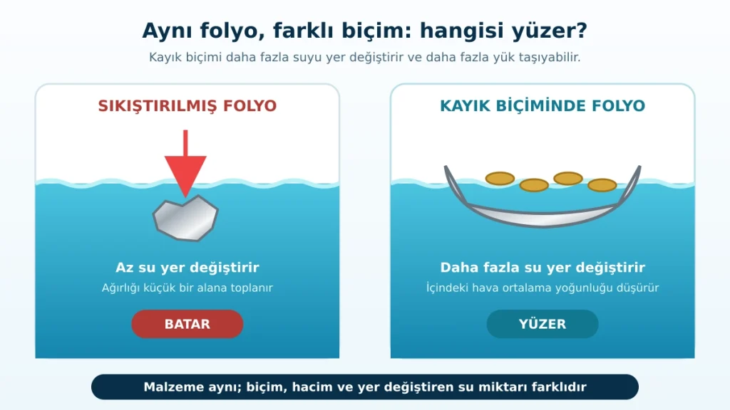 Aynı malzemeye kayık biçimi verildiğinde daha fazla su yer değiştirir ve taşıma kapasitesi artar.