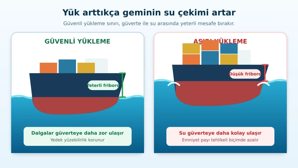 Yük arttıkça gemi suya daha fazla gömülür; güvenli sınır aşıldığında fribord ve emniyet payı azalır.