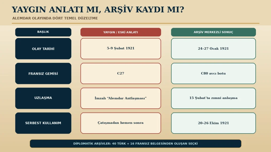 Karşılaştırma görseli, Türk ve Fransız diplomatik arşivlerinden seçilen belgelerle güncellenen dört temel bilgiyi özetler.